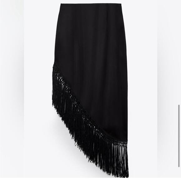 Zara Black Fringed Satin Effect Skirt - Picture 13 of 16